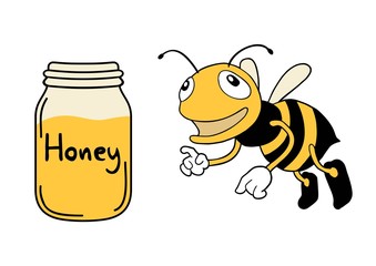 happy bee and honey bottle