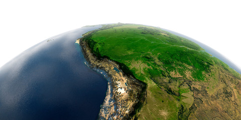 Detailed Earth on white background. Bolivia, Peru, Brazil
