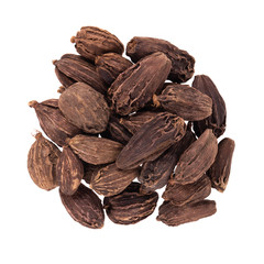 heap of black cardamom isolated on white background. top view