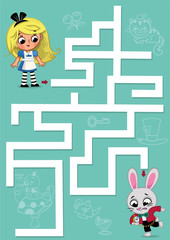 Maze game for children in ‘Alice in Wonderland’ theme. Vector illustration.