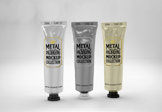 Set of 3 Metal Squeeze Tubes Mockup