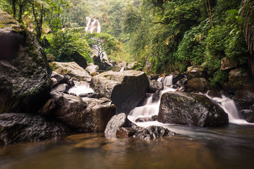 Naklejka na ściany i meble Panoramic Beautiful Tropical Rainforest Waterfalls In Indonesian