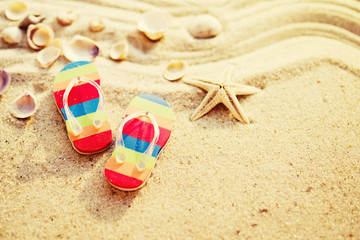 Fototapeta na wymiar Vacation background with bright flip flops and starfish on sand, top view
