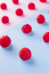 Pattern of raspberries on pink blue background. Colorful diet and healthy food concept. Background of raspberries. Top view. Flat lay. Copy space