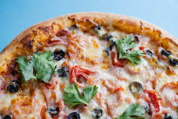 pizza with ham and tomato on plate