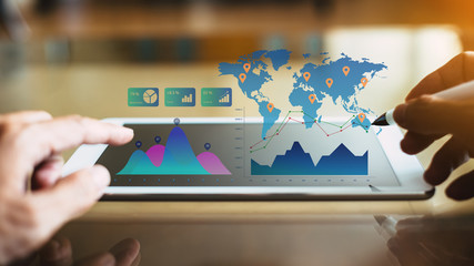 Businessman investment consultant analyzing company financial report balance statement working with digital augmented reality graphics. Concept for business, economy and marketing. 3D illustration.