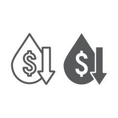 Oil price fall line and glyph icon, crisis and fuel, oil cost low sign, vector graphics, a linear pattern on a white background.