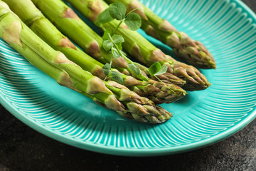 Asparagus (fresh, organic vegetables) harvest. food background. top