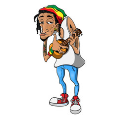 Dreadlocks Man wearing a Skullcap with Reggae Style playing Ukulele Guitars Cartoon Vector