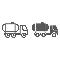 Oil tank line and glyph icon, fuel and car, oil transportation sign, vector graphics, a linear pattern on a white background.
