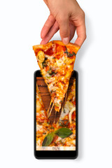 Seafood pizza. Order and food delivery from your smartphone. Smartphone on white background