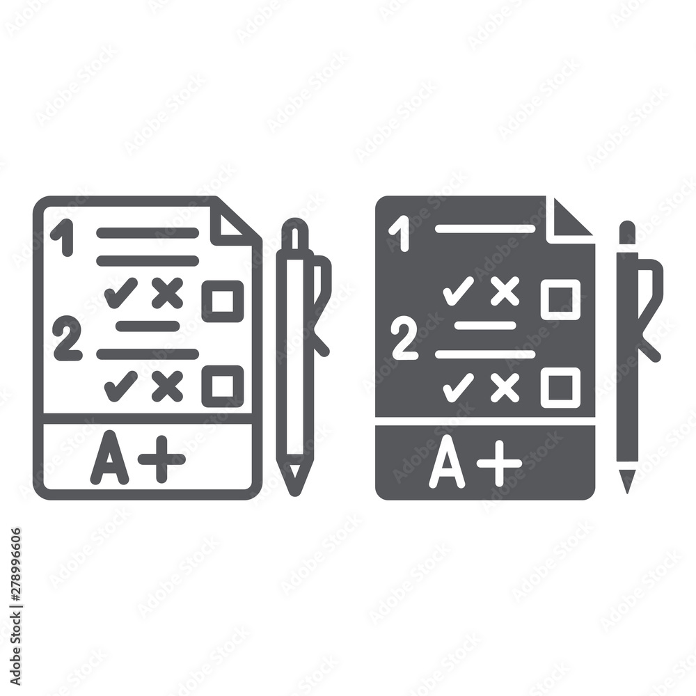 Poster exam line and glyph icon, questionnaire and form, task sign, vector graphics, a linear pattern on a 