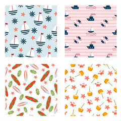 Set of seamless Sea pattern with boat, surfboard, palm leaf, crab and starfish on background. Vector illustration as fabric, textile, clothes