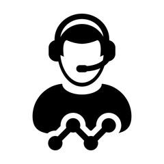 Chat icon vector male customer care support data service person profile avatar with headphone and line graph for online assistant in glyph pictogram illustration