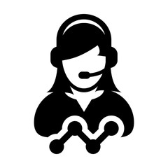 Stock market icon vector female customer care data support person profile avatar with headphone and line graph for online assistant in glyph pictogram illustration