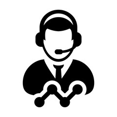 Hotline icon vector male data customer support service person profile avatar with headphone and line graph for online assistant in glyph pictogram illustration