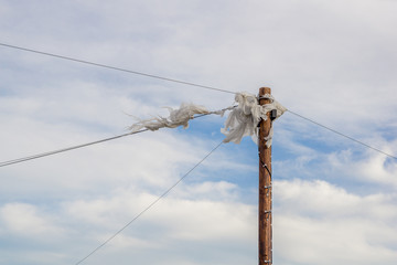  electric pole with plastic entangled in the cable