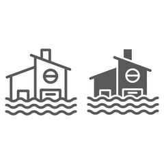 Flood line and glyph icon, disaster and home, flooded house sign, vector graphics, a linear pattern on a white background.