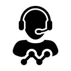 Business service icon vector male customer care data support person profile avatar with headphone and line graph for online assistant in glyph pictogram illustration