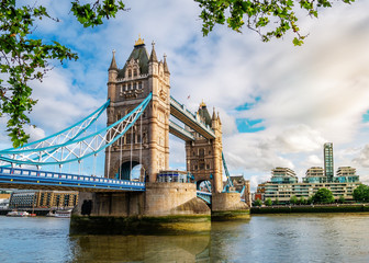 Fototapeta na wymiar Wide angle view of the famous landmark of London Tower Bridge across the Thames river in England, UK