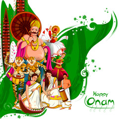 Obraz na płótnie Canvas vector illustration of Happy Onam Festival background of Kerala with Kathakali dancer and King Mahabali