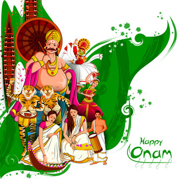 vector illustration of Happy Onam Festival background of Kerala with  Kathakali dancer and King Mahabali Stock Vector | Adobe Stock