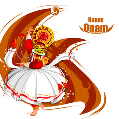 vector illustration of Happy Onam Festival background of Kerala with Kathakali dancer