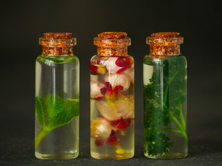 flavored oil aroma (herbs, flowers, other spices and aromas). food background. top