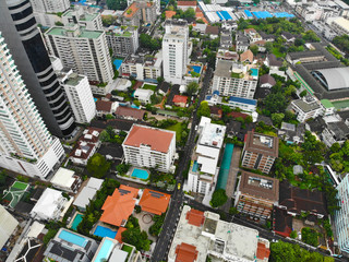 Bangkok Metropolis, aerial view over the biggest city in Thailand. Bangkok skyline from Sukhumvit street. Aerial view of Bangkok skyline and skyscraper. Thailand