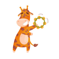 Cute giraffe with a tambourine. Vector illustration on white background.