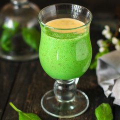 Smoothie, banana, avocado, chia seeds and more are healthy food concept. food background. top view