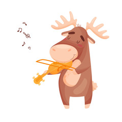 Cute elk with a violin. Vector illustration on white background.