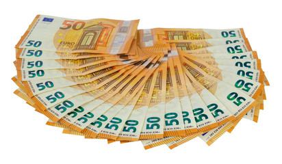 Bunch of fifty Euros banknotes isolated on a white background