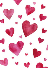 Watercolor pattern on a white background made of hearts of different pink shades for packaging design, background and other types of design