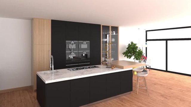 Fly through in a domestic modern kitchen with stove, stove and shelving, 3d render, 3d illustration, three-dimensional environment, architecture, engineering
