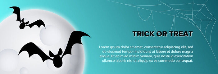 Trick or treat text with bats flying at moon and cobweb on blue background. Halloween concept. Vector illustration can be used for banner, poster, flyer