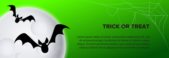 Trick or treat text with bats, moon and cobweb on green background. Halloween concept. Vector illustration can be used for banner, poster, brochure