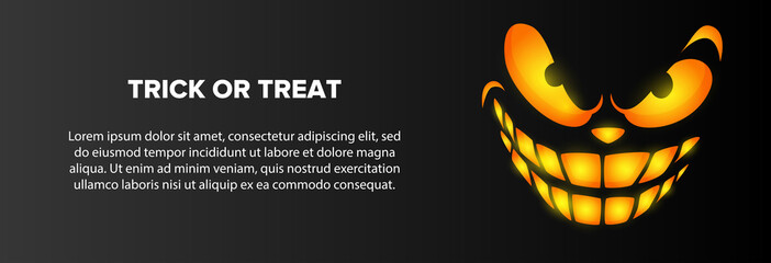Trick or treat text with ominous smile on black background. Halloween greeting card. Vector illustration can be used for banner, poster, flyer