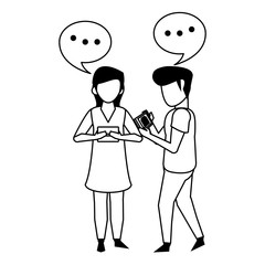 couple using smartphone technology cartoon in black and white