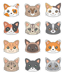 Obraz premium Cute cartoon style head of different domestic cat breed vector drawings 
