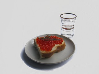 Sandwich with vodka and red caviar.