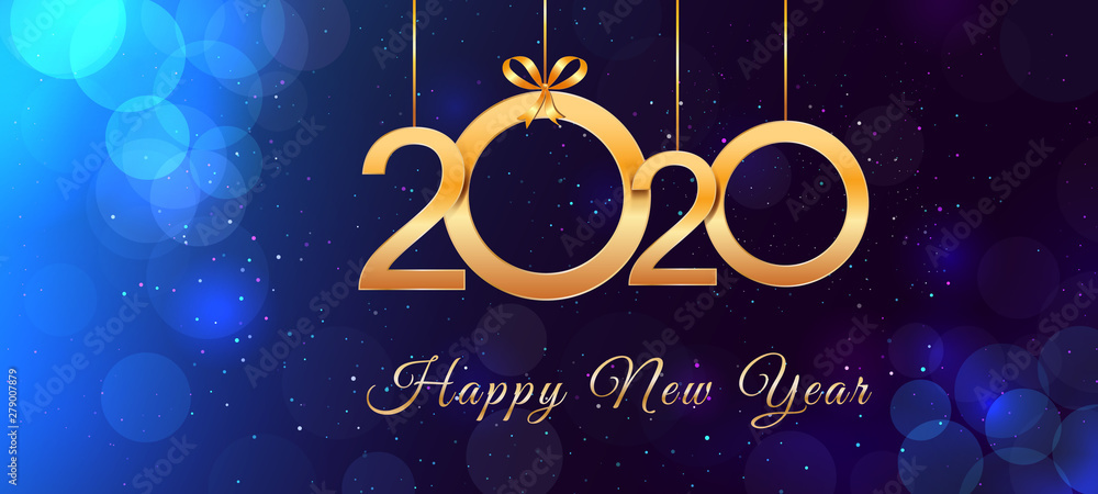 Wall mural 2020 happy new year vintage text design with shiny golden numbers and ribbon bows on blue background