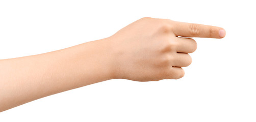 Child's hand pointing to something by forefinger or touching, isolated on white background. Gesture of choice. Side view.