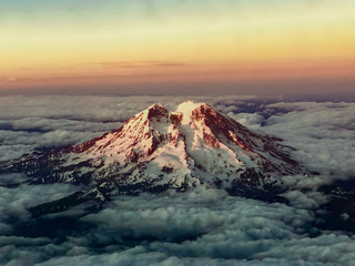 Mount Rainier at sunset from an overhead view