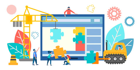 Fototapeta premium Vector illustration of a banner concept work in a team on construction and site optimization.