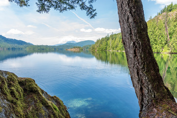 Fototapeta na wymiar View at Mountain Lake with Blue Sky in British Columbia, Canada.