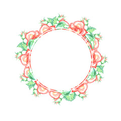 Fototapeta na wymiar Romantic wreath with red roses and green leafs. Handdrawn artwork