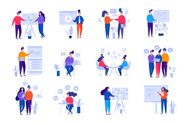 Collection of illustrations with people working in the office, making a presentation, negotiating and discussing business issues, developing ideas