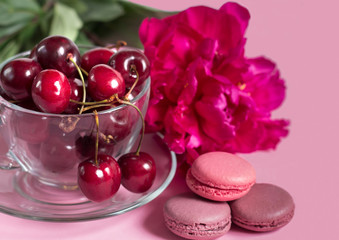 Cherries in the glass cup with macaroons and peony on pink