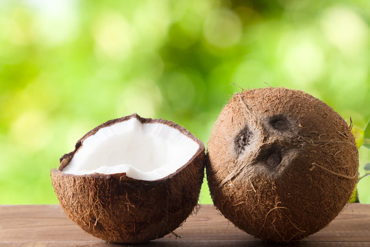 open natural coconut with green background, tropical fruit